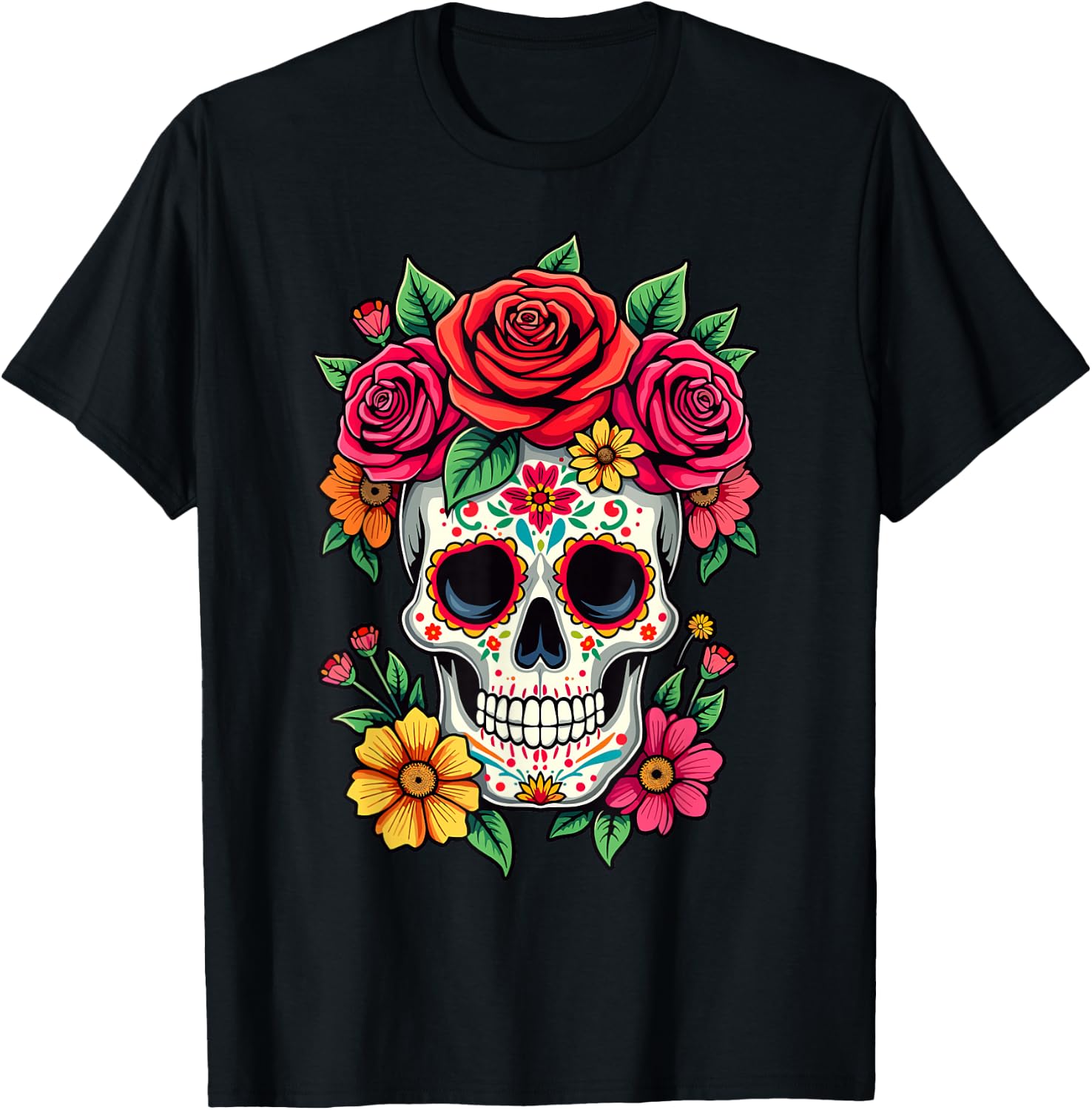 Sugar Skull, Dia De Los Muertos Roses Women, Mexican Flowers T-Shirt S