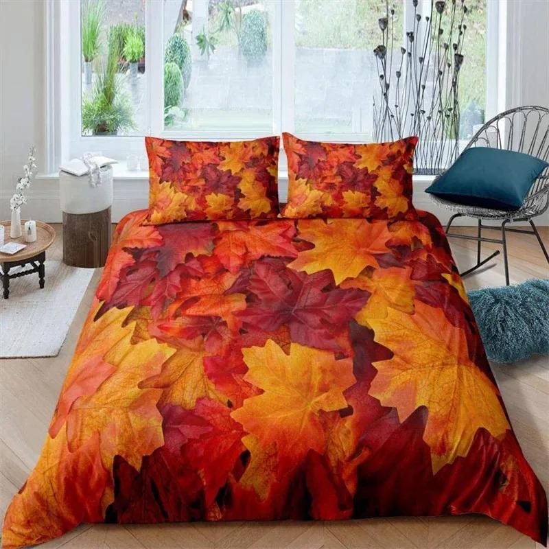 Maple Leaves Duvet Cover Autumn Theme Bedding Set Microfiber Botanical Leaf Comforter Cover Twin Full King For Kids Adult Room