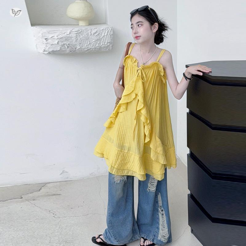 Girls' Ruffle Strappy Midi Dress - 2026 Summer Beach Style for Older Children