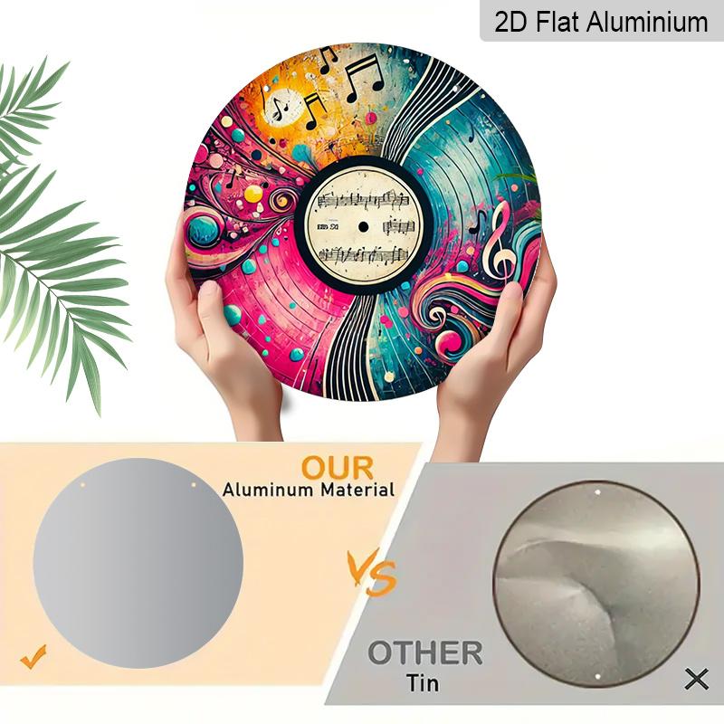 2D Flat, 1pc Vibrant Vinyl Record Round Aluminum Metal Sign, Abstract Music Notes & Swirl Art Design, Durable Weatherproof Wall Decor, Perfect for