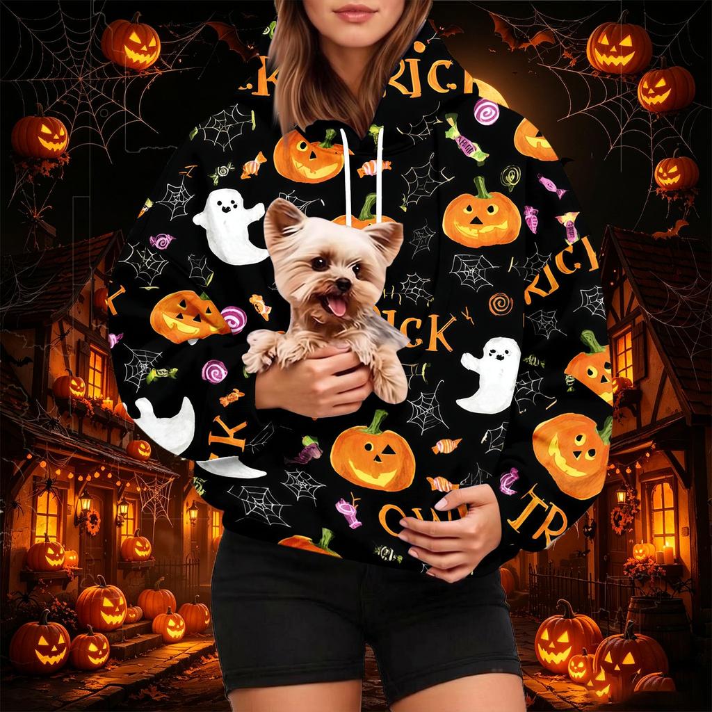 Women's Fashion Halloween Print Hoodie with Pet Pocket, Casual Pullover Sweatshirt for Fall