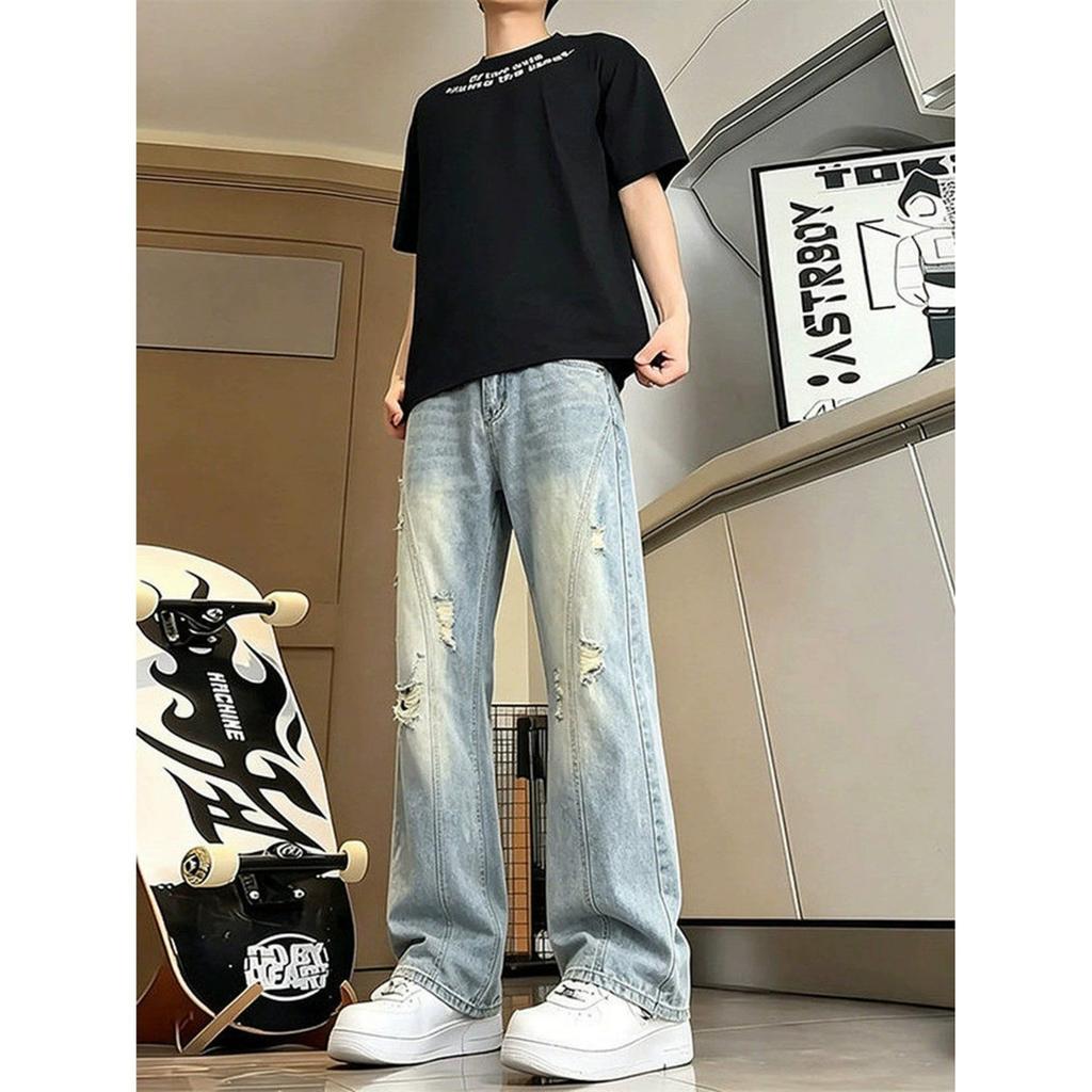 American casual ruffian handsome washed splicing old ripped jeans men's straight loose trendy high street wide-leg pants