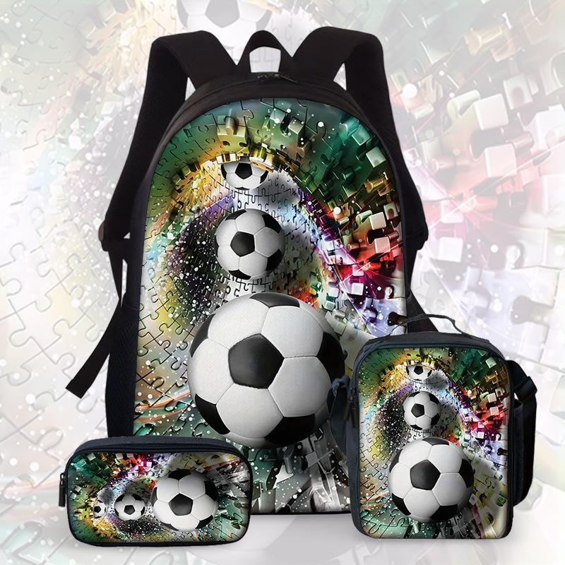 Football Cartoon Print Junior High School Backpack Three-Piece Children'S Schoolbag Primary School Backpack