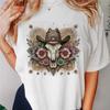 Retro Cow Skull Cowboy Hat Flowers Women's Printed T-Shirt Short Sleeve Basic Top Casual Fashion Lady's Tee Trendy Style Gift