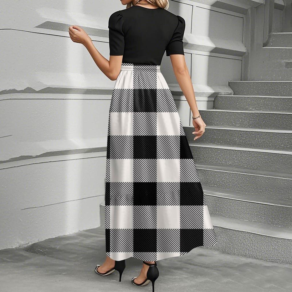 Women's Fashion Casual Belted Short Sleeve Round Neck Geometric Splicing Elegant Temperament Dresses