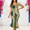 Women Plus Size V Neck Short Sleeve Green Khaki Geometric Printed Fitted Fishtail Dress