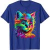 Psychedelic Cat Portrait Graphic Tee Colorful Rainbow Kitten Print Round Neck Tshirt