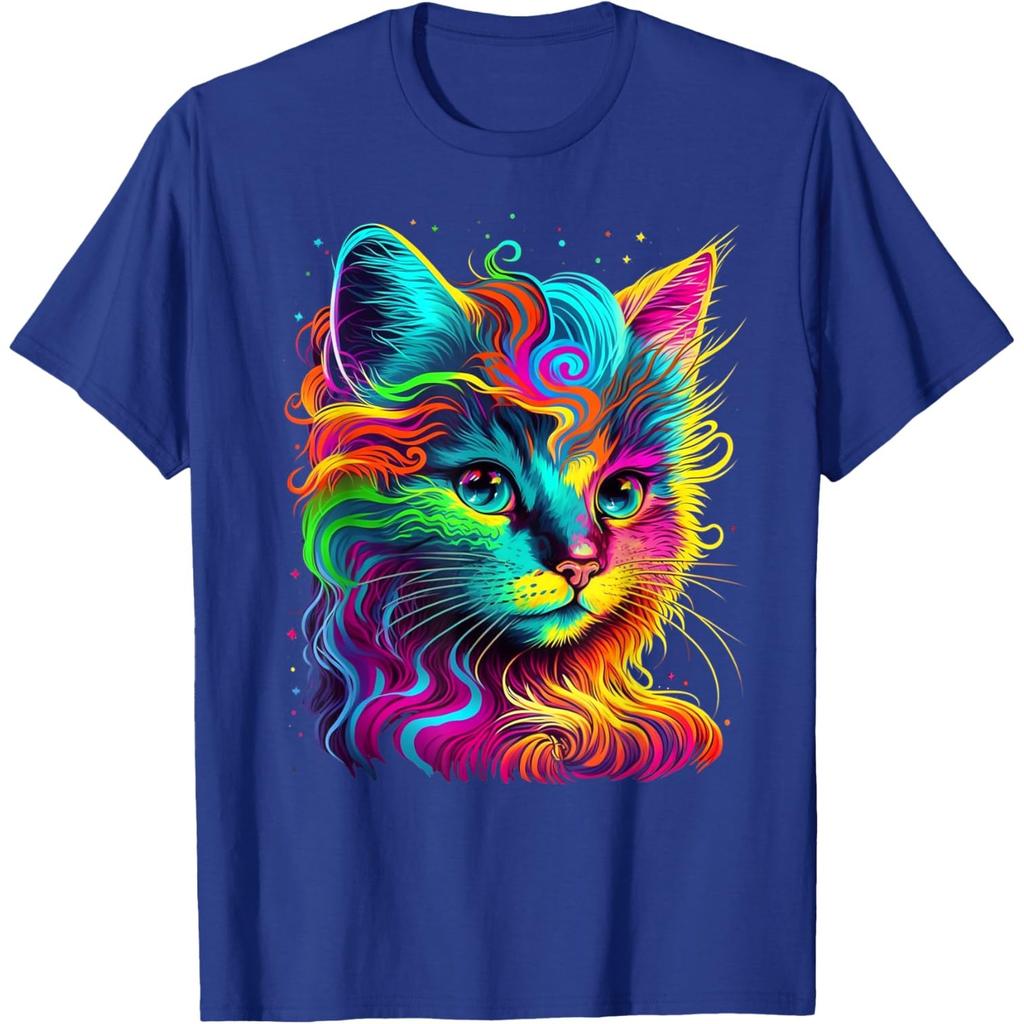 Psychedelic Cat Portrait Graphic Tee Colorful Rainbow Kitten Print Round Neck Tshirt