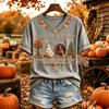 Women's Casual V-Neck Short Sleeve Pullover Top with Thanksgiving Print