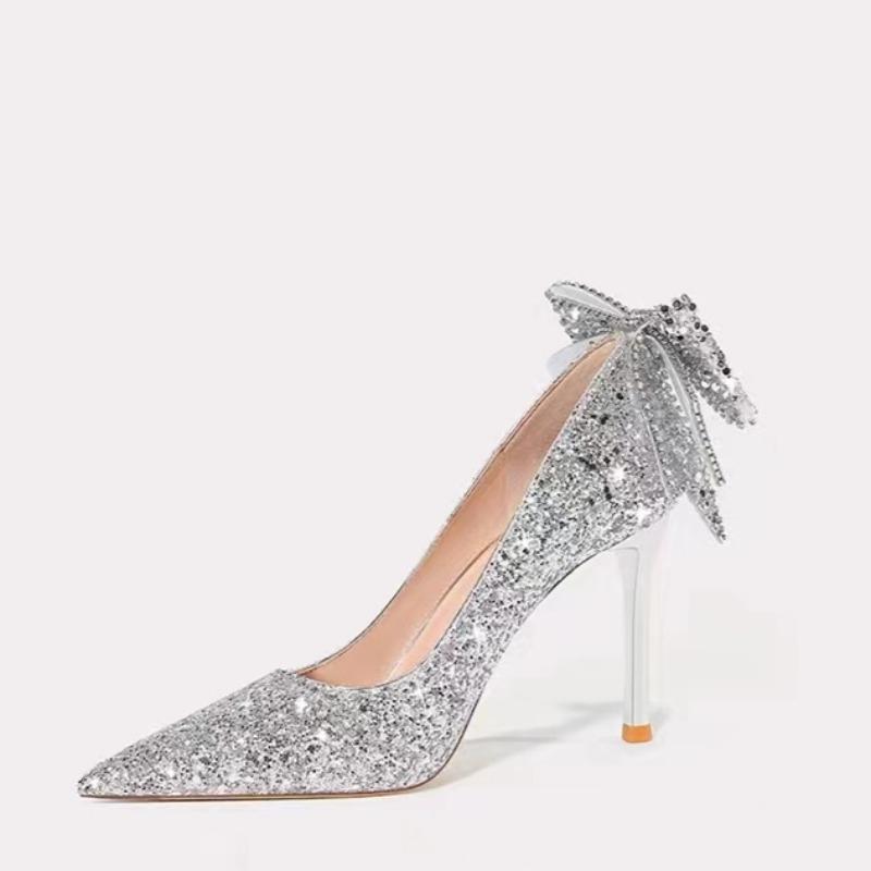Full Diamond Thin Heel Single Shoes Autumn New Pointed Toe Shallow Cuff Foot Bow Non-slip Wear-resistant High Heels