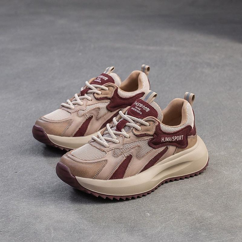 GKTINOO Women Genuine Cow Leather Sneakers Thick Soled Lace-Up Spring Autumn Lady Casual Flat Shoes Lightweight Women Shoes