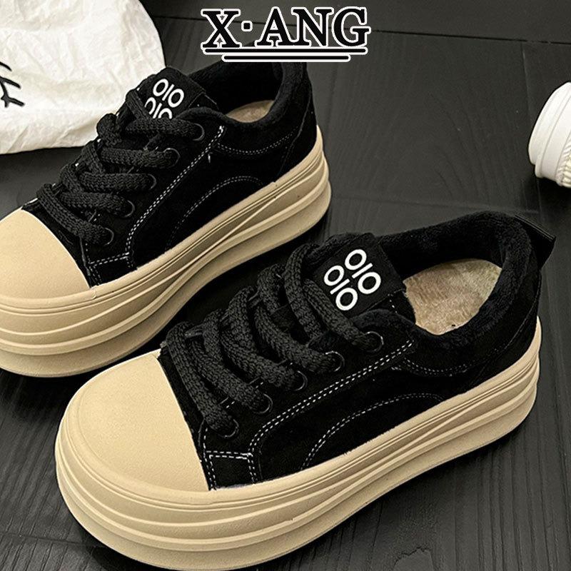 Leather platform heightening board shoes women's new autumn and winter velvet two cotton shoes bread shoes casual sports shoes