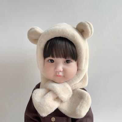 Cartoon Baby Plush Hat Scarf Winter Faux Fur Kids Cap Hooded Scarves Cute Bear Ears Warm Girls Boys Windproof Beanies