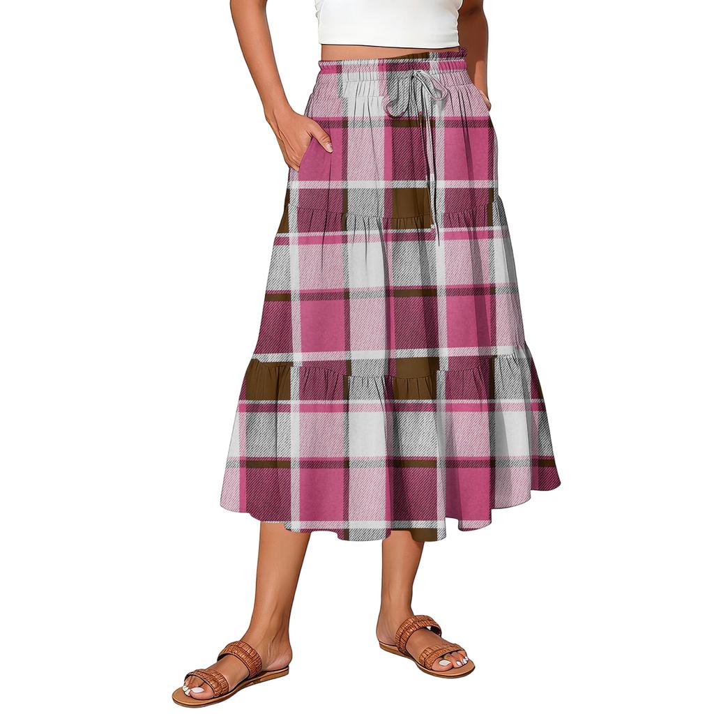 Ladies' Plaid Printed Casual Elastic Waist Drawstring Skirt