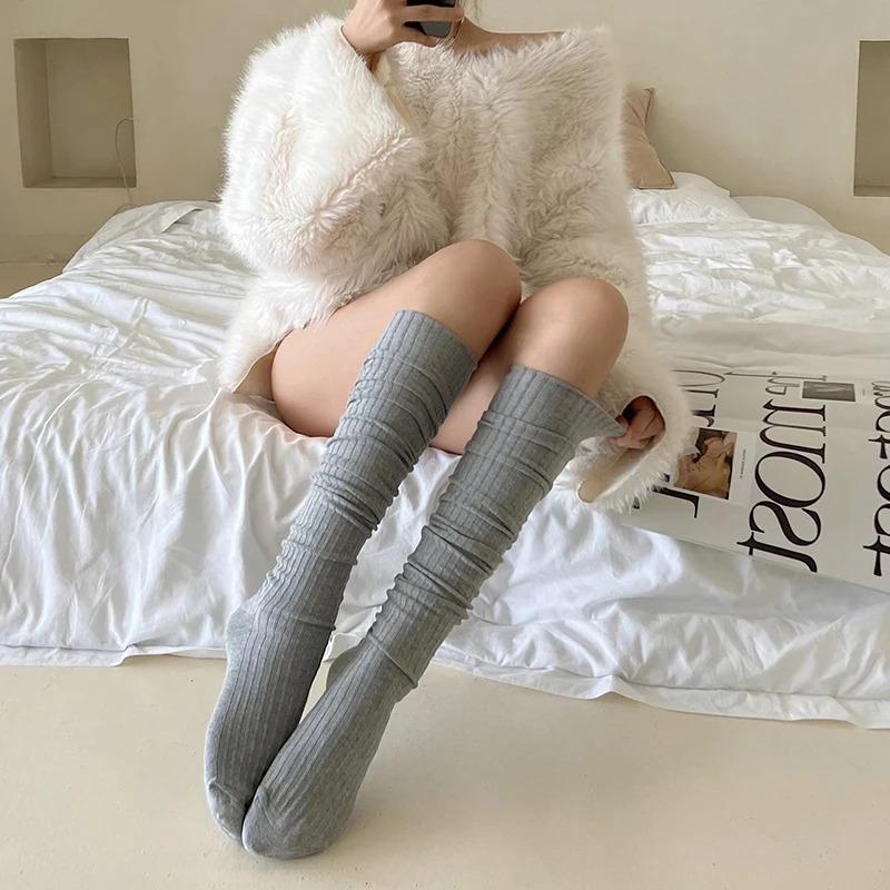Spring Knee Length Stockings for Women White Pile Socks Fashion GIrls JK Slimming Boots Sock Japanese Calf Socks Cotton Footwear