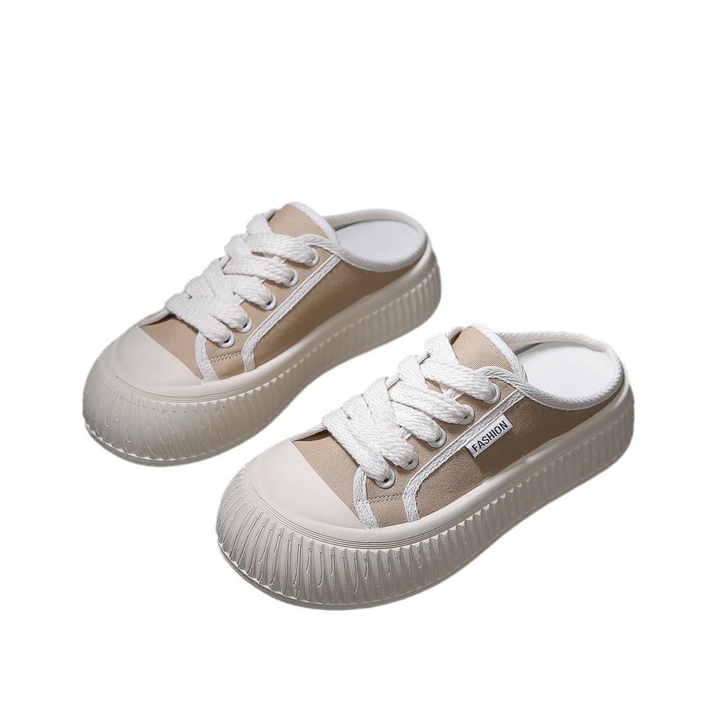 Half Dragged White Shoes for Women Breathable and Casual Canvas Shoes