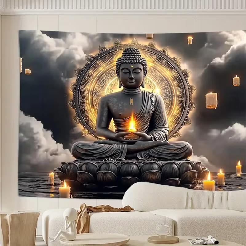 Arazzo Zen Rilassante 2D Buddha con Candele e Nuvole Decorazione Sfondo Casa