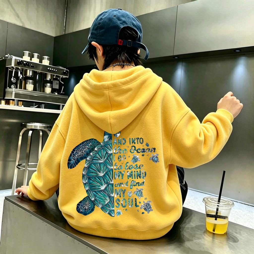 Children's Trend Sea Turtle Pattern Printed Hooded Sweatshirt for Autumn/Winter, Youth and Adult Casual Pullover Top
