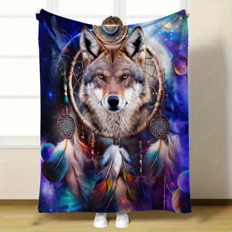 

Wolf Head Feather Design Flannel printed blanket suitable for all seasons suitable for living room office sofa and travel 75x100cm (30x40inch)