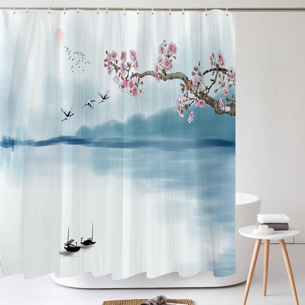 Chinese Flower Bird Shower Curtains Set Printing Waterproof Polyester Leaves Shower Curtains Bathroom Home Decor Mat 180X200Cm