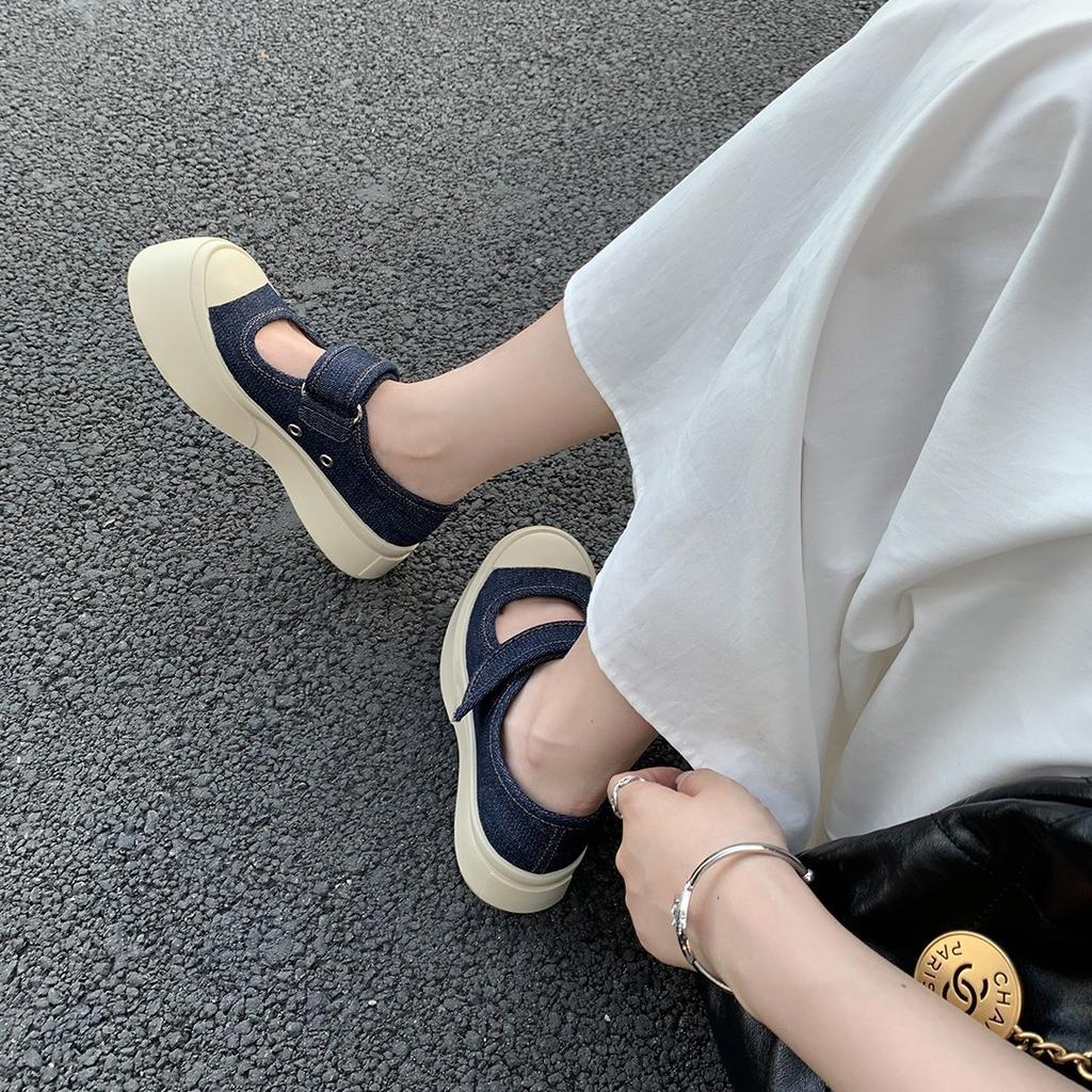 [Shei Su Yinyin] Hässlich süßer großer Kopf~ Klettverschluss Mary Janes mit dicker Sohle Damensommer Canvas Schuhe mit großem Kopf