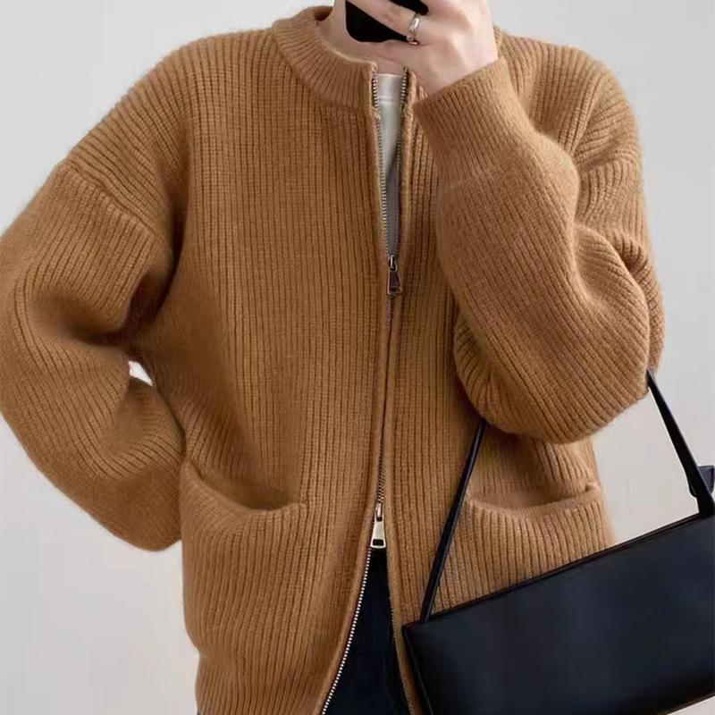 Double Zipper Sweater Cardigan for Women Solid Color Loose Spring and Autumn Knitted Jacket Top