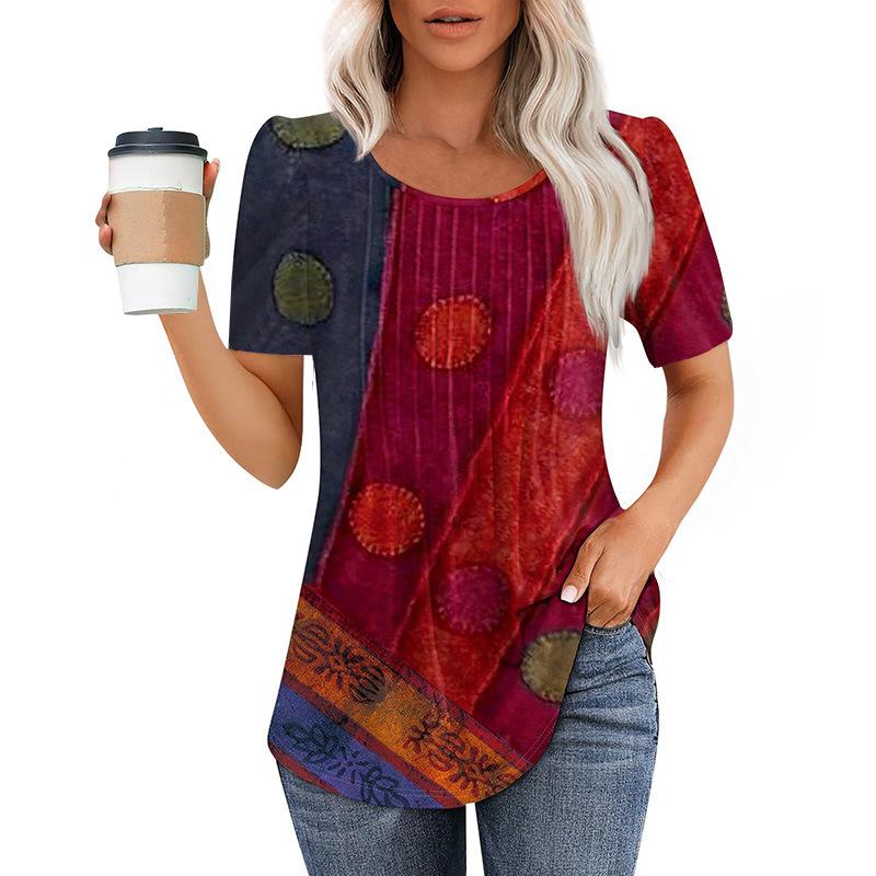 Neues plissee-Rundhals-Kurzarm-T-Shirt Damen-Oberteil Damenbekleidung