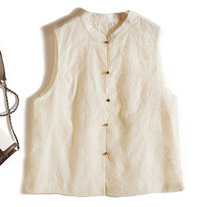 

Concave-Convex Three-Dimensional Embroidered Organza Small Stand Collar Single-Breasted I-Shaped Vest Literary Women Summer Versatile Outerwear Beige L