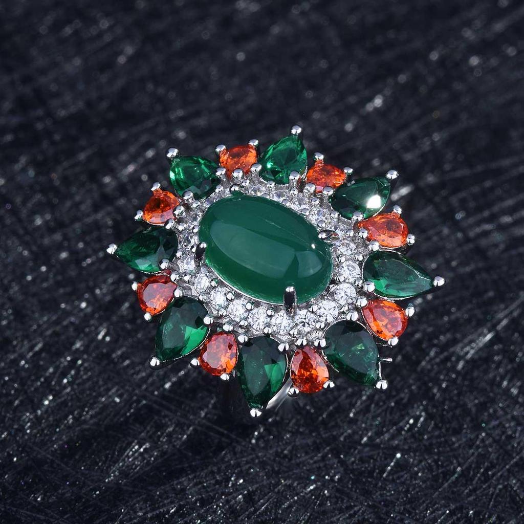 European-American Luxury Imitation Emerald and Jadeite Ring for Women: Winter Gemstone Garden Design