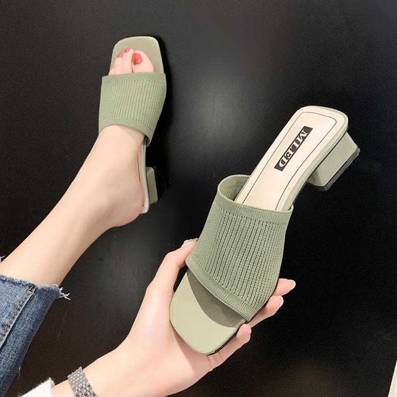 Fashion Comemore Fashion Knitted Stretch Open Toe Thick Heel Sandals Outdoor Casual Comfortable Elegant Women's Shoes Slippers Summer 40
