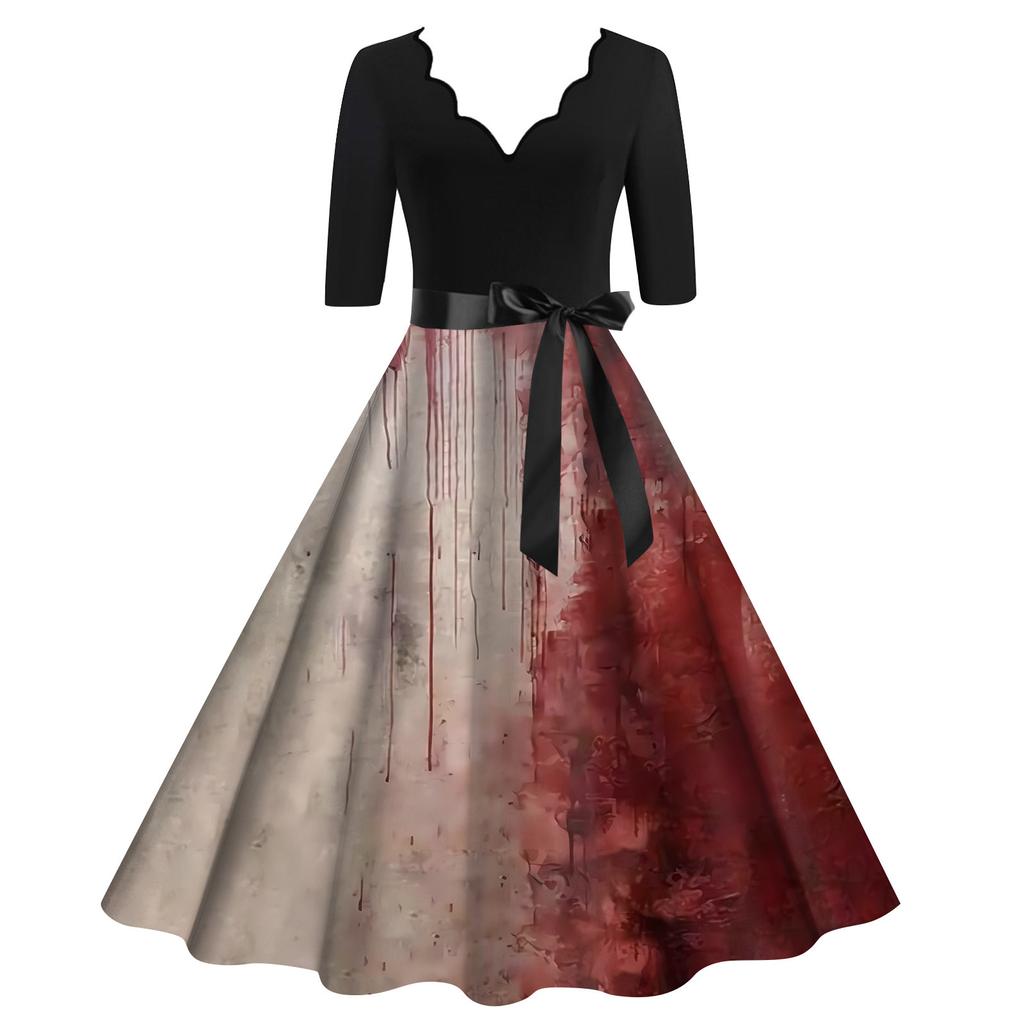 Damska sukienka vintage z długim rękawem na Halloween, nadruk rodzinny, impreza, bal