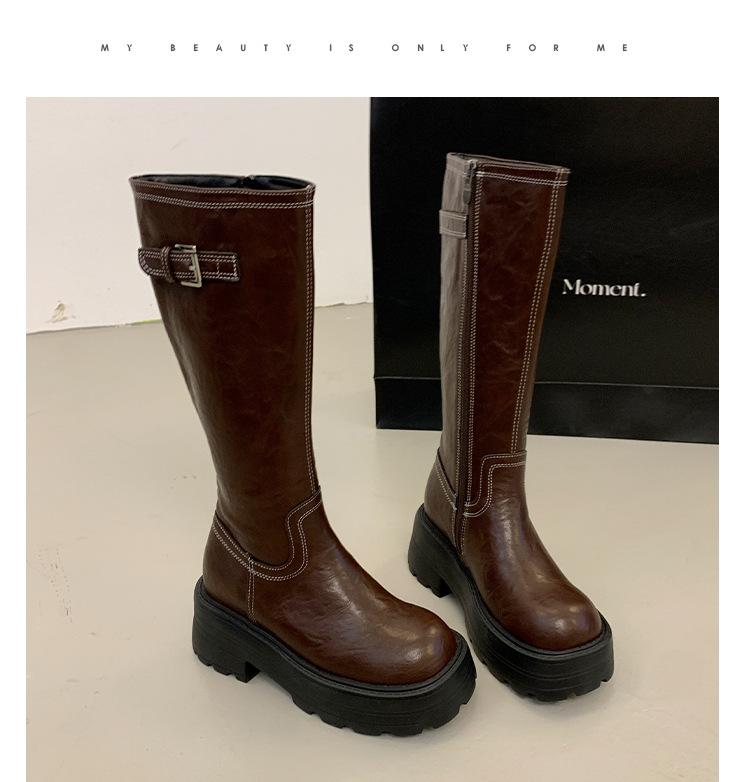 

2025 new spring and autumn thick-soled medium tube knight boots design sense side zipper belt buckle high boots long boots women s boots 40 коричневый