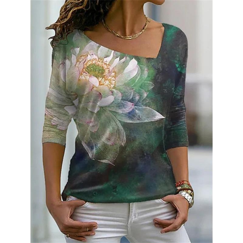 Women's T Shirt Characteristic Diagonal Neck Irregular Flower Digital 3D Print Ladies Wear Fashion Street Harajuku Ladies Tee