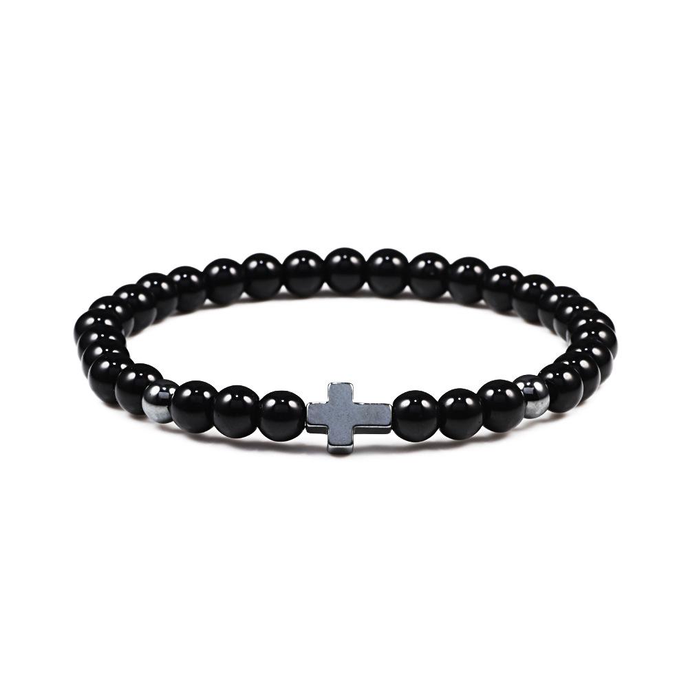 Black Beaded Bracelet with Frosted Tiger Eye & Lava Stone, 6mm Elastic Cord