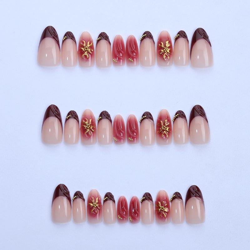 30 Pieces of Hot-selling Almond Boutique 3d Three-dimensional Gradual Change Flower Gilt Wearing Nail Advanced Red French Manicure