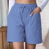 Summer new loose linen casual solid color high waist pocket drawstring large size shorts women