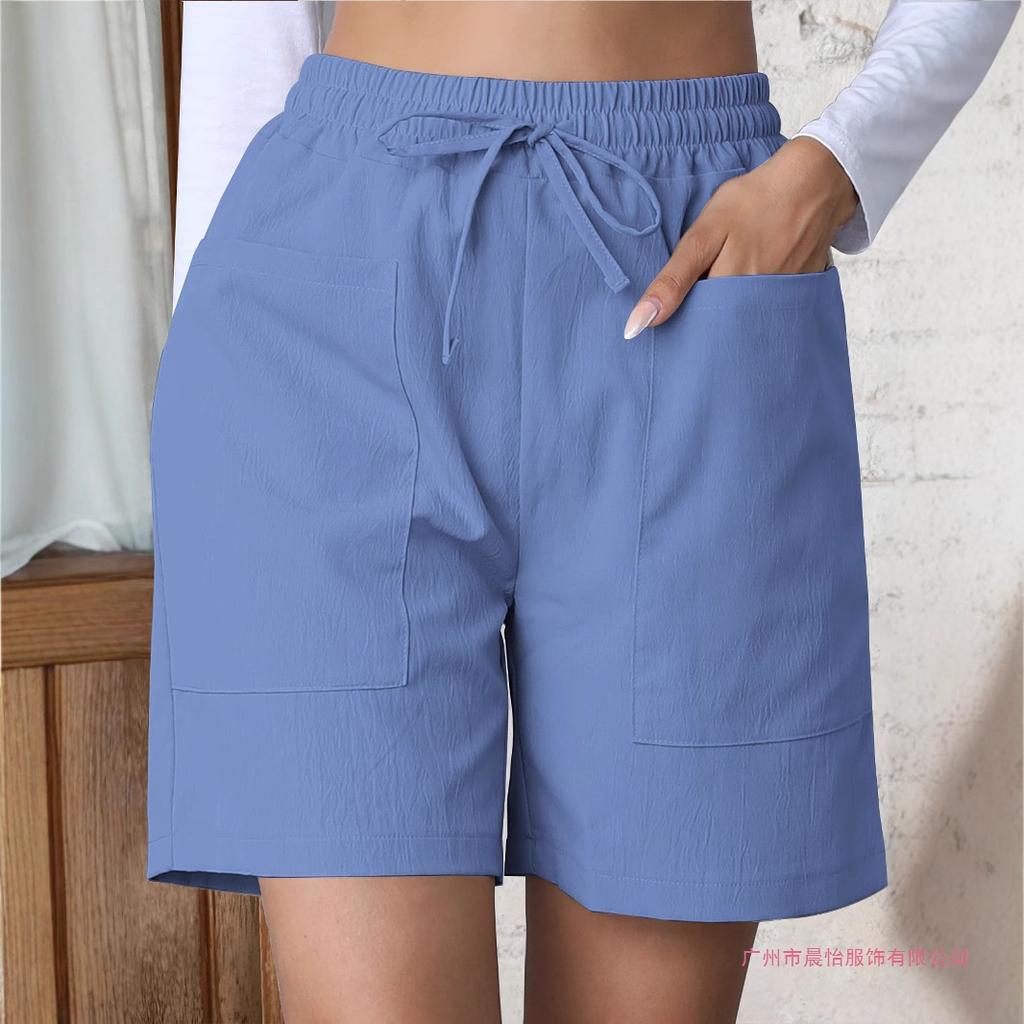 Summer new loose linen casual solid color high waist pocket drawstring large size shorts women