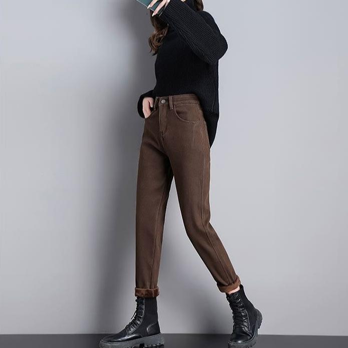 Women's Fleece-Lined Jeans High-Waist Slim Plus Velvet Harem Jeans Autumn and Winter Stretch Skinny Jeans