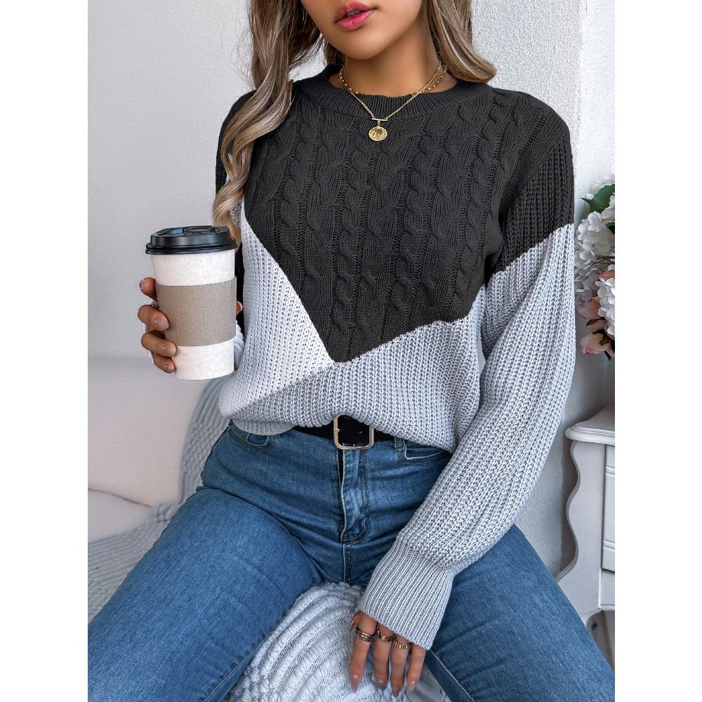 Women's Sweatshirt-Style Casual Colour-Blocked Cable-Knit Long-Sleeved Pullover Knit Top