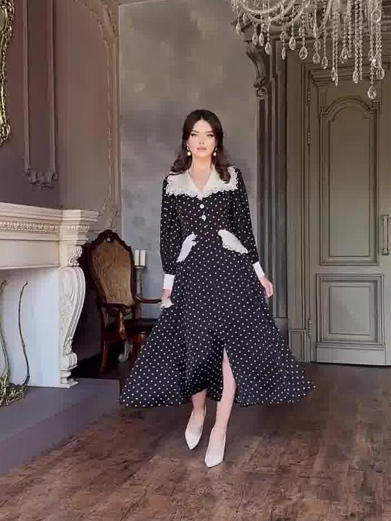 Sommer 2024 Slim Fit Polka Dot Kleid mit Spitzenbesatz & Peter Pan Kragen