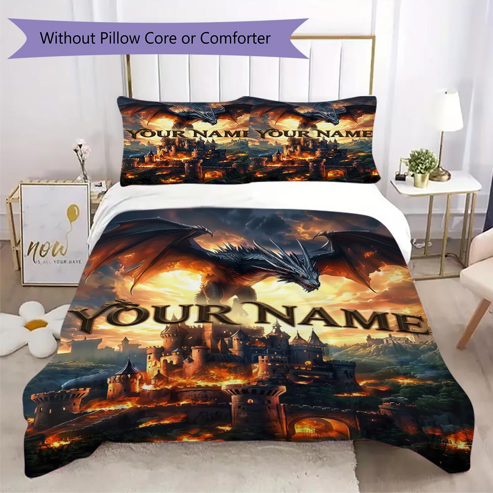 Custom Name Dragon Castle Burn Bedding,Quilt Set Quilt Cover Pillowcase Home Birthday Gift(1 * Duvet Cover + 2 * Pillowcase, Without Core)_lx