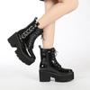 Gdgydh Sexy Belt Buckle Women Platform Combat Boots Pantent Leather Autumn Winter Lace Up Goth Booties Chunky Heel Dark Blackness