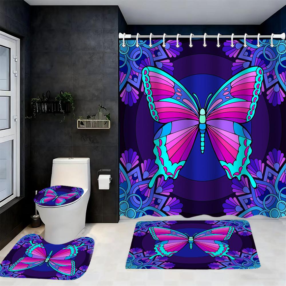 Animal Butterfly Pattern Shower Curtain Bath Sets Waterproof Non-Slip Bathroom Rug Toilet U With 12 Hooks Home Deco