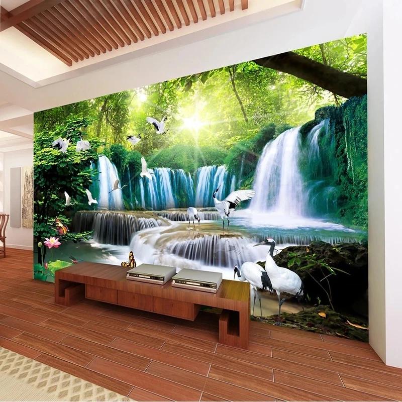 Custom 3D Photo Wallpaper Nature Landscape Lotus Waterfall Wall Mural Living Room House Decoration Papel De Parede 3D Paisagem