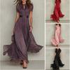 Women's Summer Chiffon Dress Printed Short Sleeve V Neck Flowy Maxi Dress Loose Layered Ruffle Lace-Up Long Dress