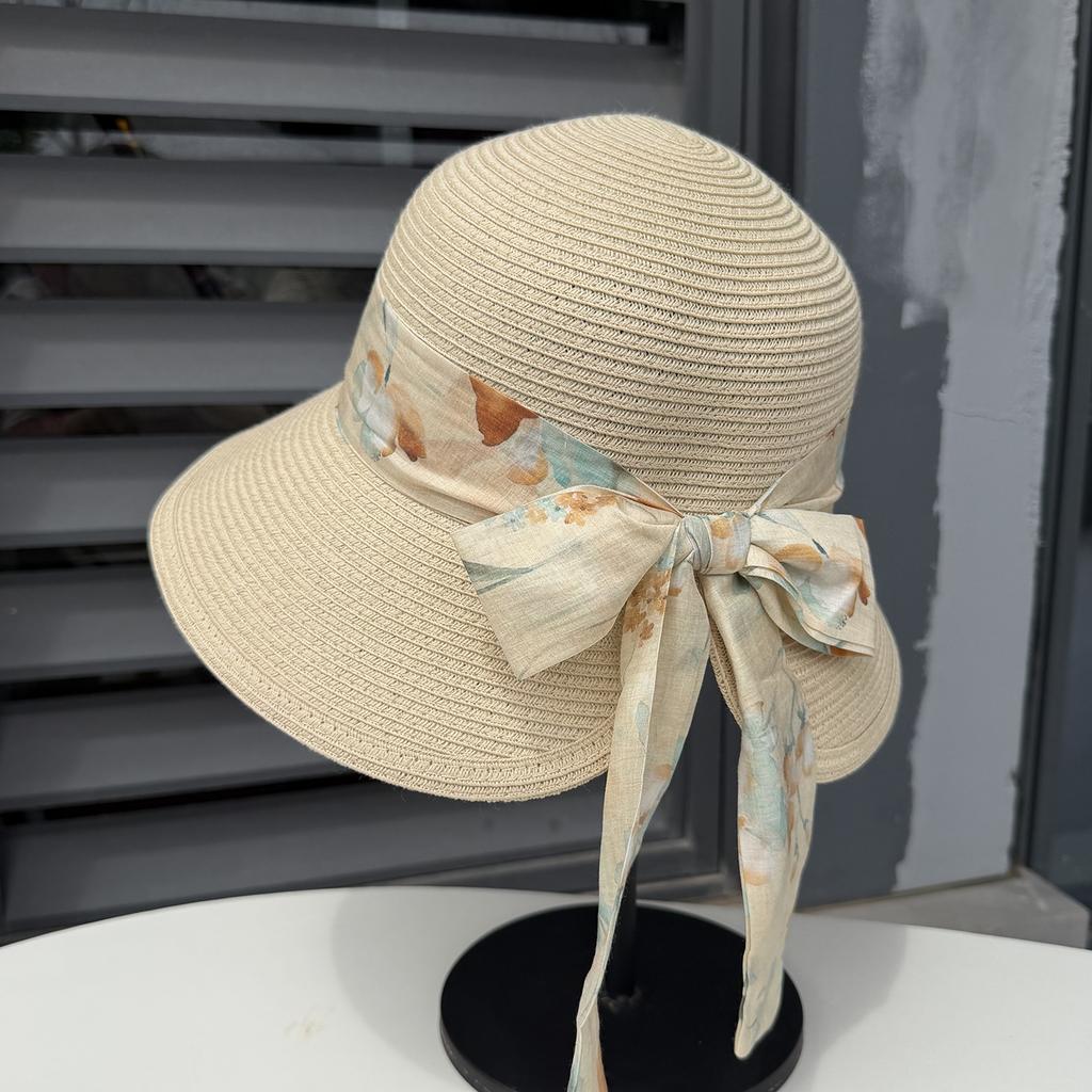 Summer straw hat women's high-end floral streamer seaside outing sun hat foldable UV-proof beach hat