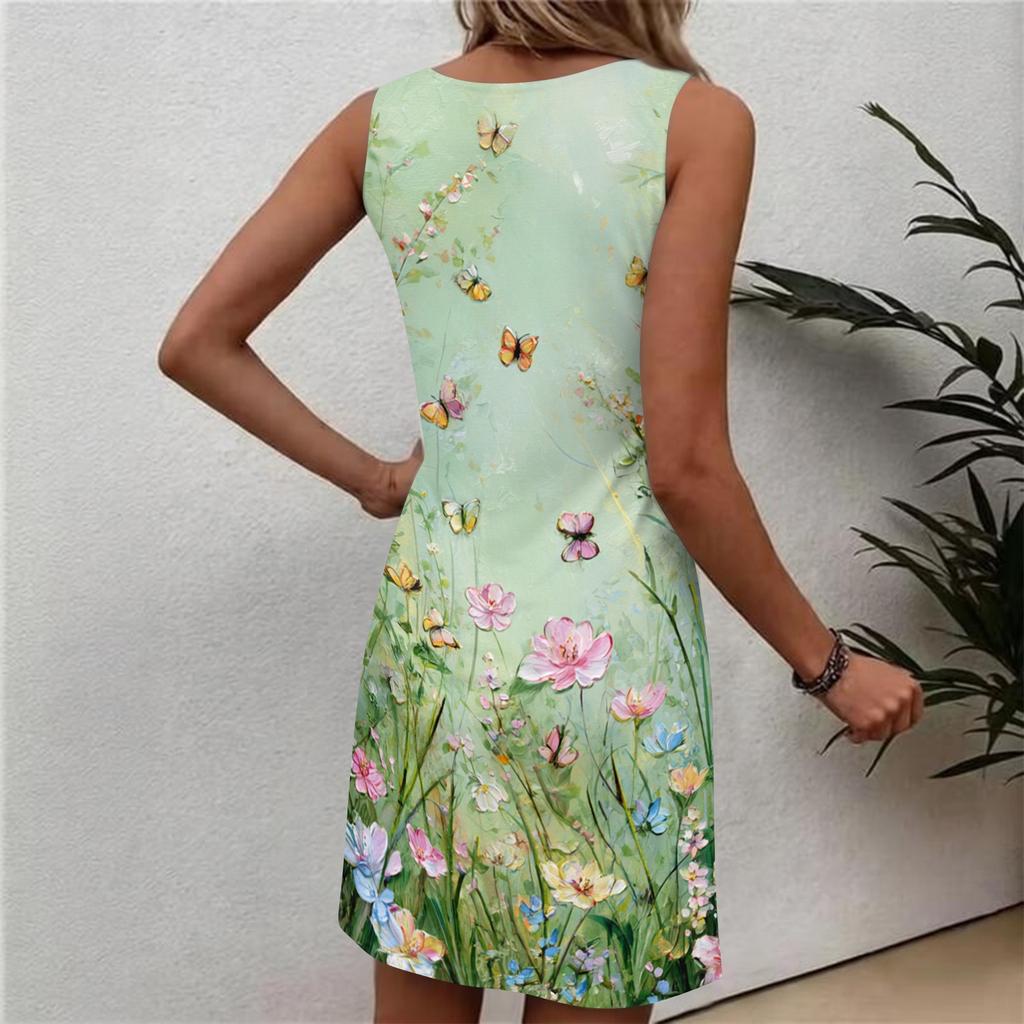 Women’s Sleeveless Floral Print Casual Dress Round Neck Relaxed Fit Lightweight Pullover Summer Dress for Daily Wear