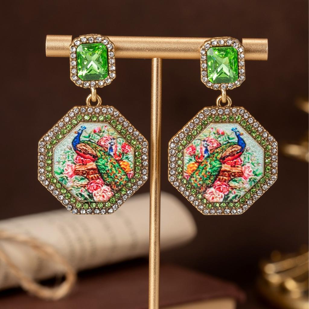 Medieval vintage octagon diamond peacock mural earrings heavy industry temperament light luxury earrings medieval earrings