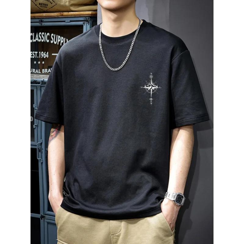 Mens TShirt White Compass Rose Printed Pattern  Text High Quality Cotton Tops Tees