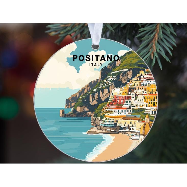 Positano Italy Acrylic Ornament - Amalfi Coast Colorful Cliffside Houses Artwork - Scenic Mediterranean Travel Souvenir Keepsake - Holiday Ornament